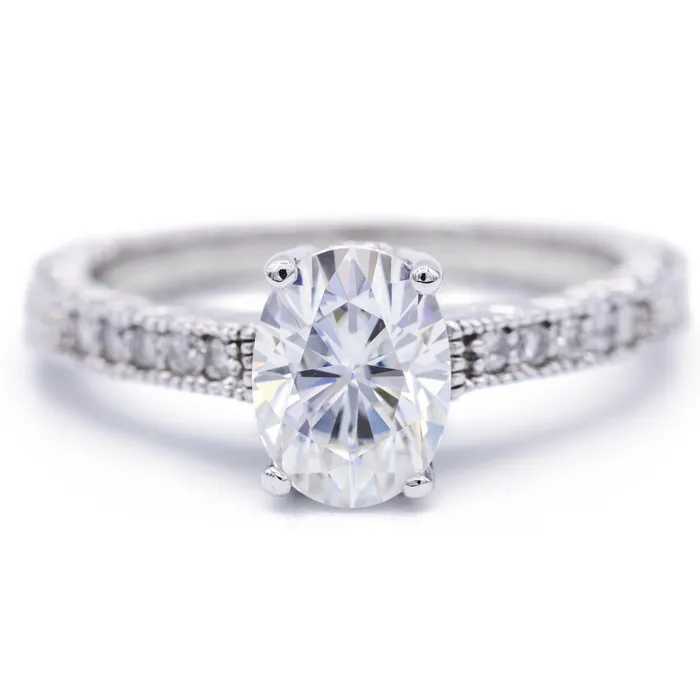 Rings Fire Brilliance 8x6mm Oval Moissanite 14k White Gold Etched Filigree Diamond Shoulders