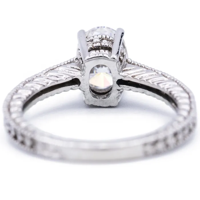 Rings Fire Brilliance 8x6mm Oval Moissanite 14k White Gold Etched Filigree Diamond Shoulders