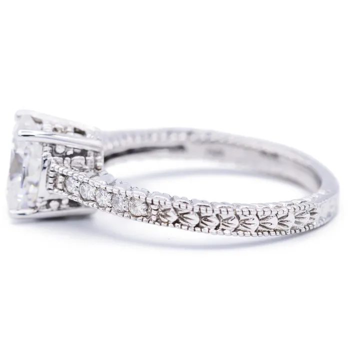 Rings Fire Brilliance 8x6mm Oval Moissanite 14k White Gold Etched Filigree Diamond Shoulders