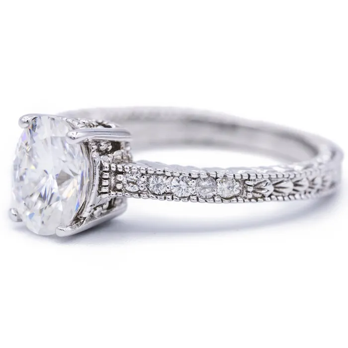 Rings Fire Brilliance 8x6mm Oval Moissanite 14k White Gold Etched Filigree Diamond Shoulders