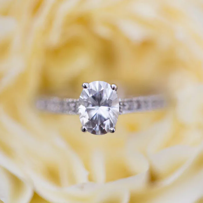 Rings Fire Brilliance 8x6mm Oval Moissanite 14k White Gold Etched Filigree Diamond Shoulders