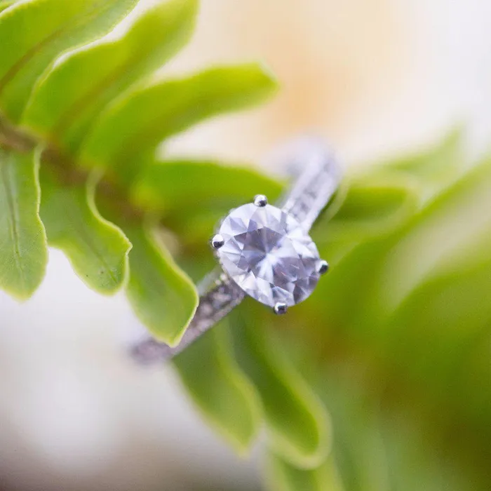 Rings Fire Brilliance 8x6mm Oval Moissanite 14k White Gold Etched Filigree Diamond Shoulders
