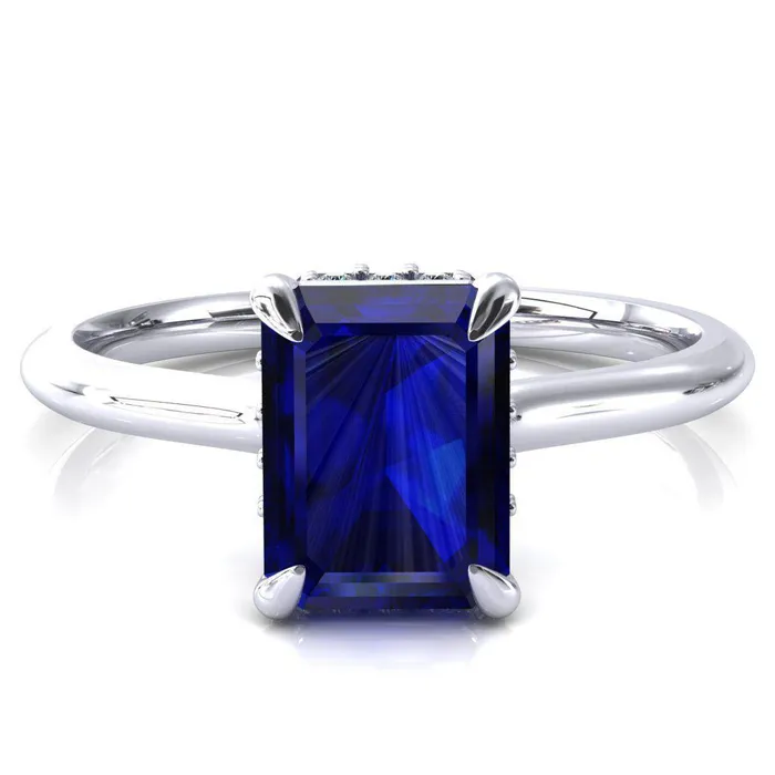 Rings Fire Brilliance Janey Emerald Blue Sapphire 4 Prongs Claw Floating Halo Inverted Cathedral Ring Rings Fire Brilliance Janey Emerald Blue Sapphire 4 Prongs Claw Floating Halo Inverted Cathedral Ring