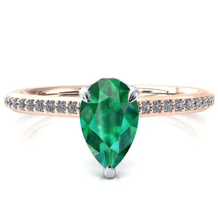 Rings Fire Brilliance Kiki Pear Emerald 3 Prongs Claw Floating Halo 12 Pinpoint Inverted Cathedral Ring