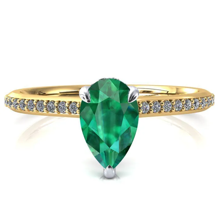 Rings Fire Brilliance Kiki Pear Emerald 3 Prongs Claw Floating Halo 12 Pinpoint Inverted Cathedral Ring