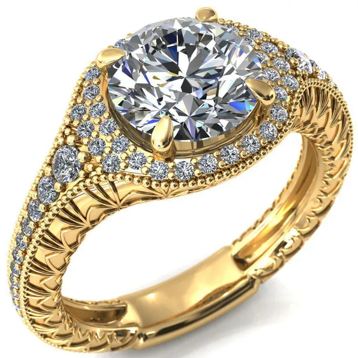 Rings Fire Brilliance Kylee Round Center Stone Accent Diamond Milgrain and Filigree Design 4 Prong Engagement Ring Rings Fire Brilliance Kylee Round Center Stone Accent Diamond Milgrain and Filigree Design 4 Prong Engagement Ring