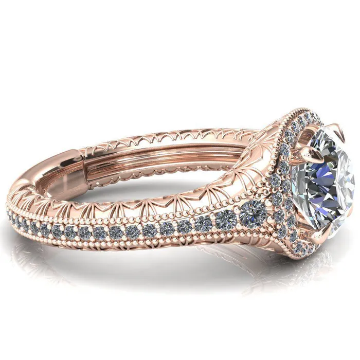 Rings Fire Brilliance Kylee Round Center Stone Accent Diamond Milgrain and Filigree Design 4 Prong Engagement Ring