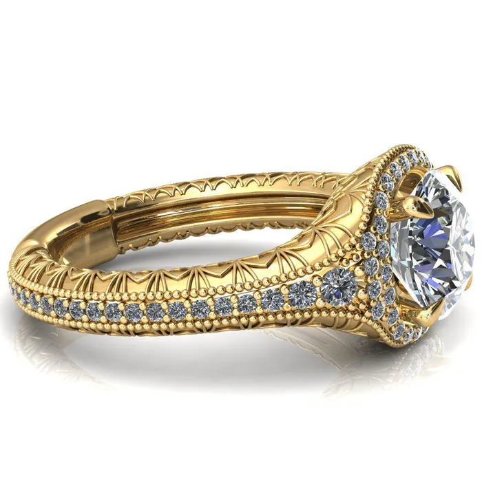 Rings Fire Brilliance Kylee Round Center Stone Accent Diamond Milgrain and Filigree Design 4 Prong Engagement Ring