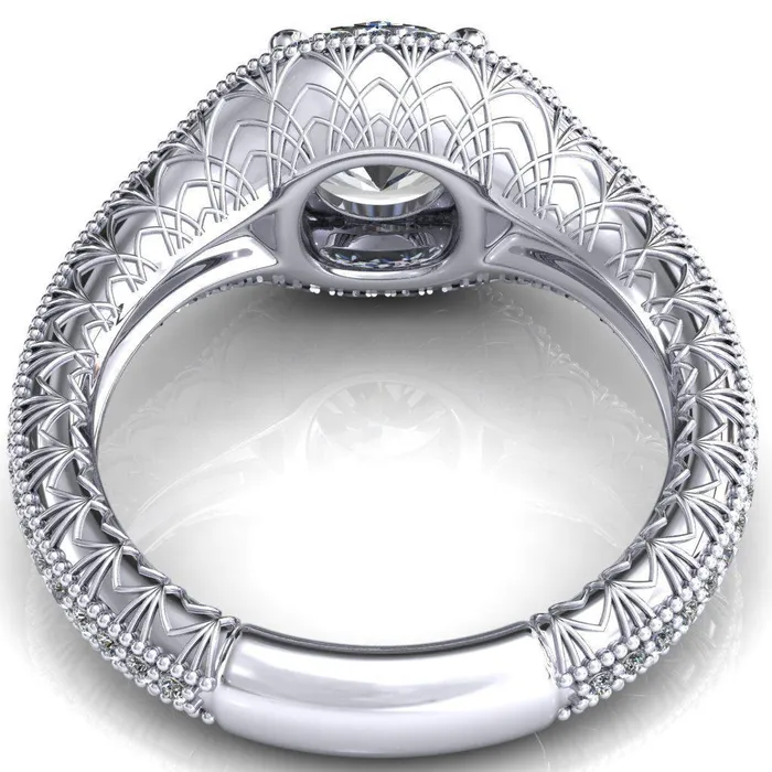 Rings Fire Brilliance Kylee Round Center Stone Accent Diamond Milgrain and Filigree Design 4 Prong Engagement Ring