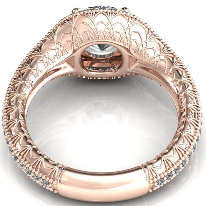 Rings Fire Brilliance Kylee Round Center Stone Accent Diamond Milgrain and Filigree Design 4 Prong Engagement Ring