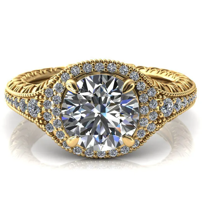Rings Fire Brilliance Kylee Round Center Stone Accent Diamond Milgrain and Filigree Design 4 Prong Engagement Ring