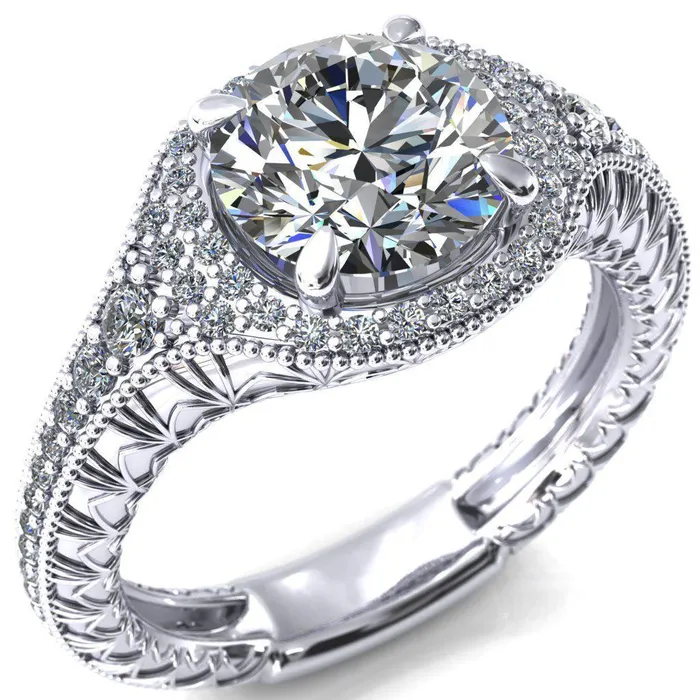 Rings Fire Brilliance Kylee Round Center Stone Accent Diamond Milgrain and Filigree Design 4 Prong Engagement Ring