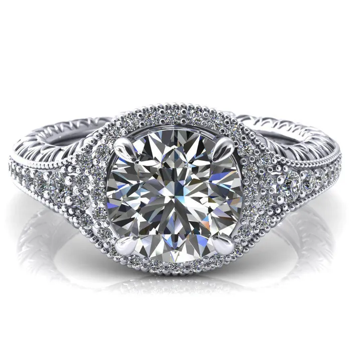 Rings Fire Brilliance Kylee Round Center Stone Accent Diamond Milgrain and Filigree Design 4 Prong Engagement Ring