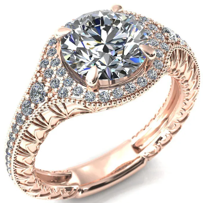 Rings Fire Brilliance Kylee Round Center Stone Accent Diamond Milgrain and Filigree Design 4 Prong Engagement Ring