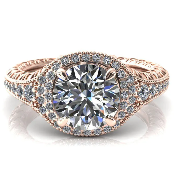 Rings Fire Brilliance Kylee Round Center Stone Accent Diamond Milgrain and Filigree Design 4 Prong Engagement Ring