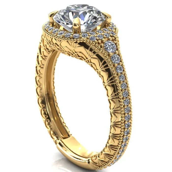 Rings Fire Brilliance Kylee Round Center Stone Accent Diamond Milgrain and Filigree Design 4 Prong Engagement Ring