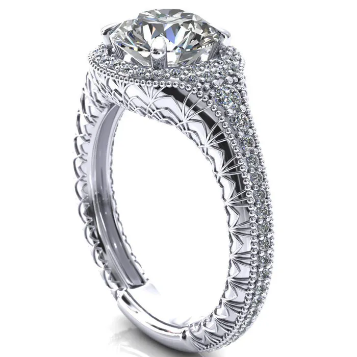 Rings Fire Brilliance Kylee Round Center Stone Accent Diamond Milgrain and Filigree Design 4 Prong Engagement Ring