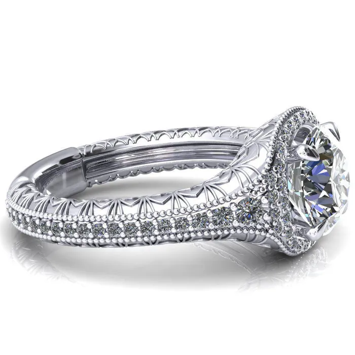 Rings Fire Brilliance Kylee Round Center Stone Accent Diamond Milgrain and Filigree Design 4 Prong Engagement Ring