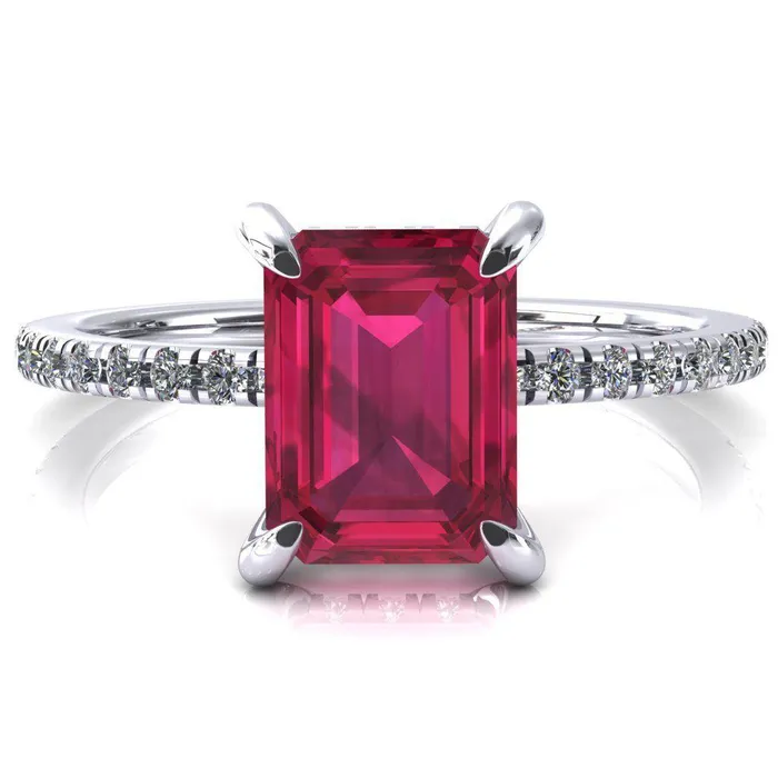 Rings Fire Brilliance Mayeli Emerald Ruby 4 Claw Prong Micro Pave Diamond Sides Engagement Ring Rings Fire Brilliance Mayeli Emerald Ruby 4 Claw Prong Micro Pave Diamond Sides Engagement Ring