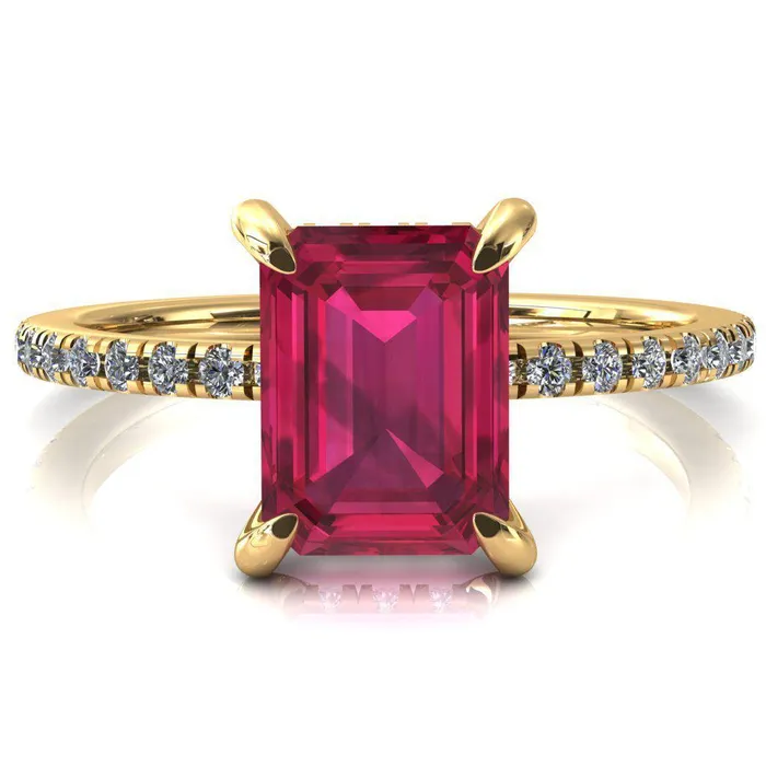 Rings Fire Brilliance Mayeli Emerald Ruby 4 Claw Prong Micro Pave Diamond Sides Engagement Ring