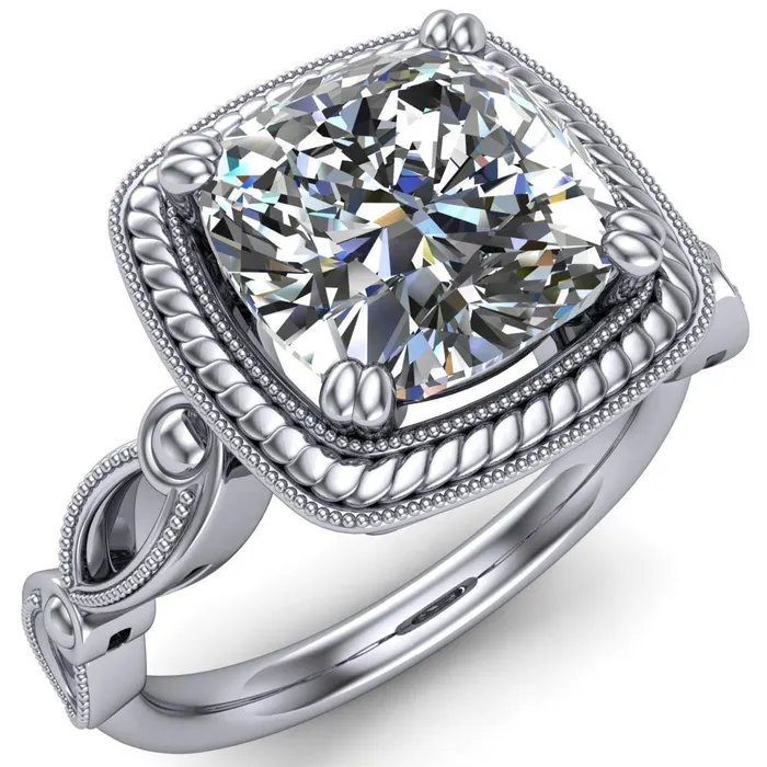 Rings Fire Brilliance Rosemary Cushion Center Stone Serpentine Halo Under Bezel 4 Prong Ring Rings Fire Brilliance Rosemary Cushion Center Stone Serpentine Halo Under Bezel 4 Prong Ring