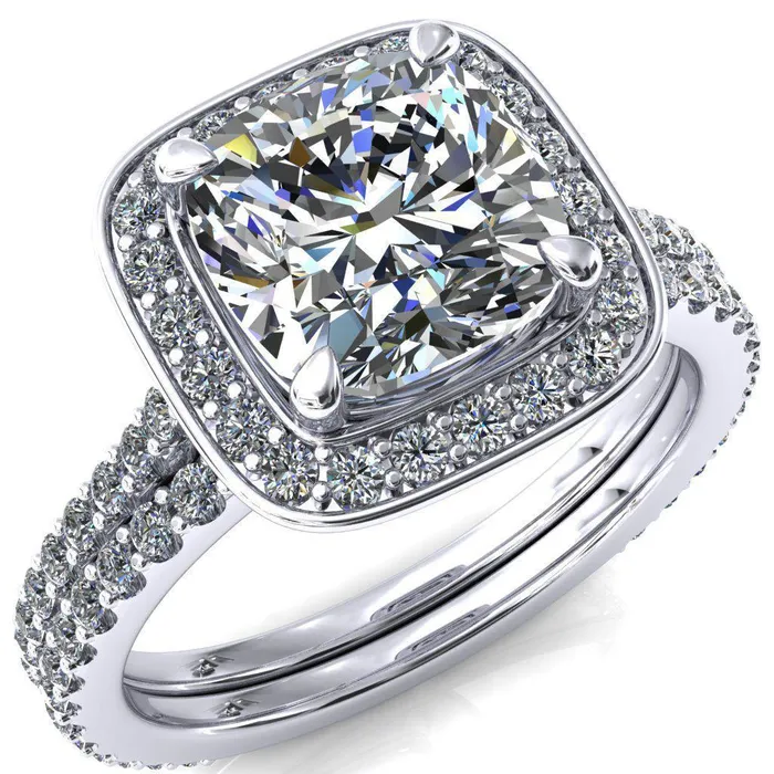 Rings Fire Brilliance Valma Cushion Moissanite Floating Diamond Halo and Sides Ring Rings Fire Brilliance Valma Cushion Moissanite Floating Diamond Halo and Sides Ring