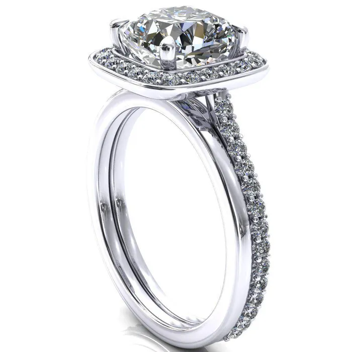 Rings Fire Brilliance Valma Cushion Moissanite Floating Diamond Halo and Sides Ring