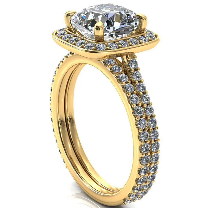 Rings Fire Brilliance Valma Cushion Moissanite Floating Diamond Halo and Sides Ring