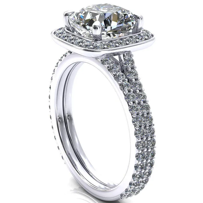 Rings Fire Brilliance Valma Cushion Moissanite Floating Diamond Halo and Sides Ring