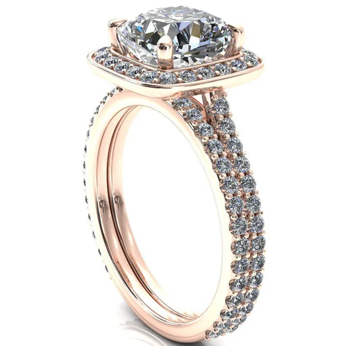 Rings Fire Brilliance Valma Cushion Moissanite Floating Diamond Halo and Sides Ring