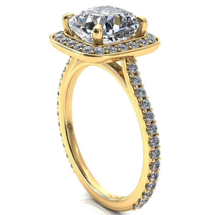 Rings Fire Brilliance Valma Cushion Moissanite Floating Diamond Halo and Sides Ring