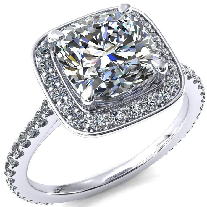 Rings Fire Brilliance Valma Cushion Moissanite Floating Diamond Halo and Sides Ring