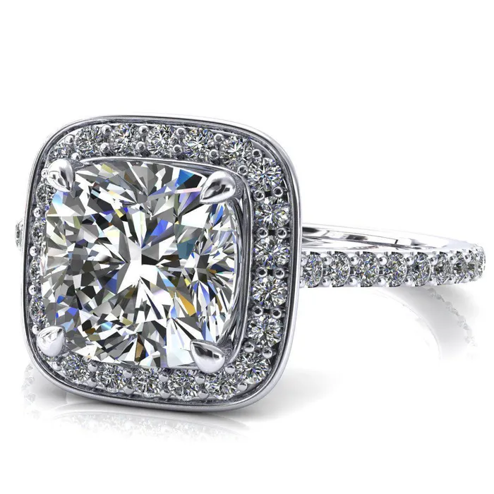 Rings Fire Brilliance Valma Cushion Moissanite Floating Diamond Halo and Sides Ring