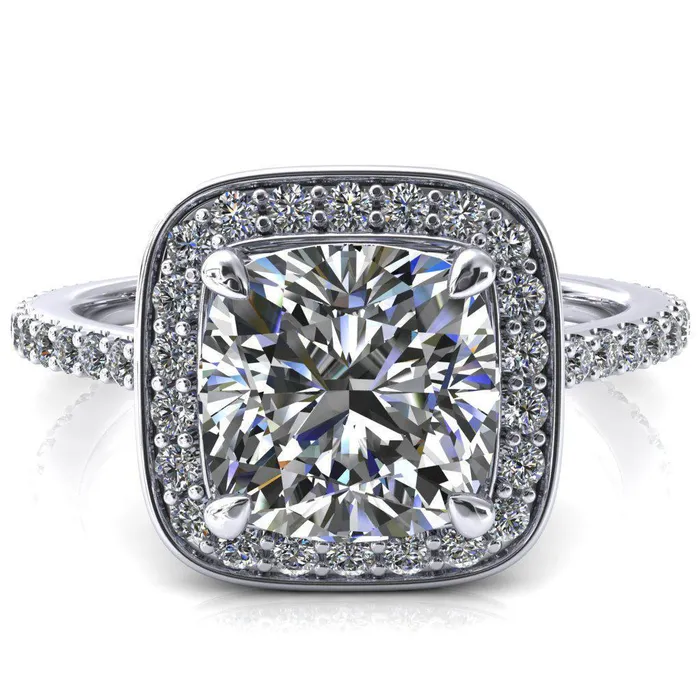 Rings Fire Brilliance Valma Cushion Moissanite Floating Diamond Halo and Sides Ring