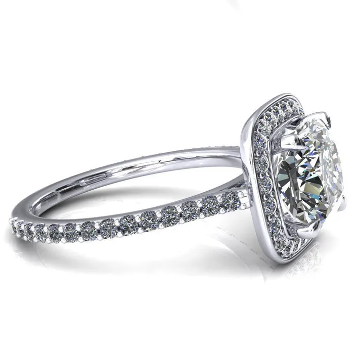 Rings Fire Brilliance Valma Cushion Moissanite Floating Diamond Halo and Sides Ring