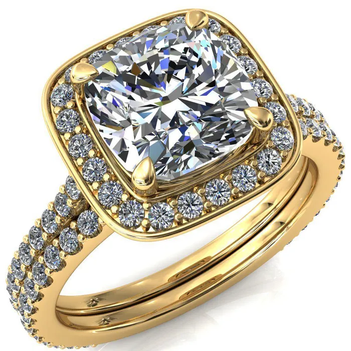 Rings Fire Brilliance Valma Cushion Moissanite Floating Diamond Halo and Sides Ring