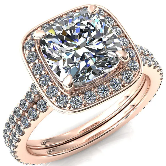 Rings Fire Brilliance Valma Cushion Moissanite Floating Diamond Halo and Sides Ring