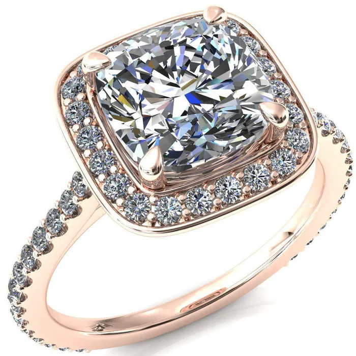 Rings Fire Brilliance Valma Cushion Moissanite Floating Diamond Halo and Sides Ring