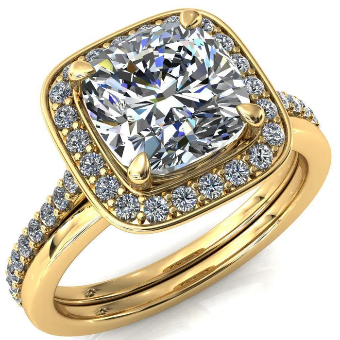Rings Fire Brilliance Valma Cushion Moissanite Floating Diamond Halo and Sides Ring