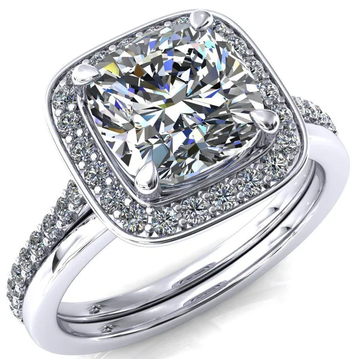 Rings Fire Brilliance Valma Cushion Moissanite Floating Diamond Halo and Sides Ring
