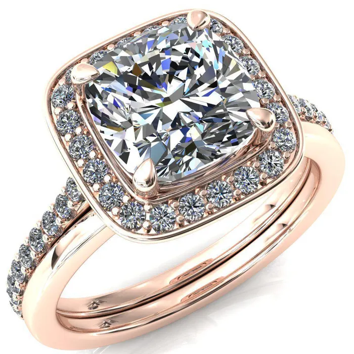 Rings Fire Brilliance Valma Cushion Moissanite Floating Diamond Halo and Sides Ring