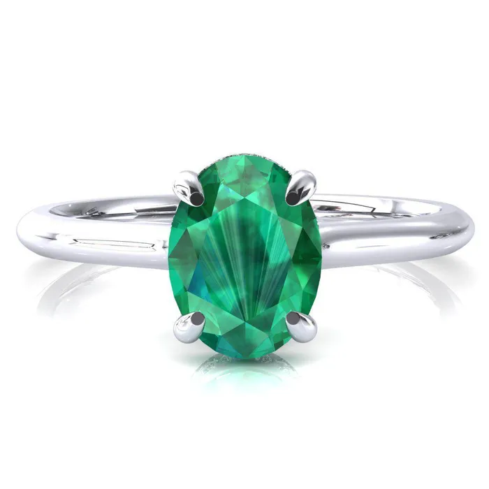 Rings Janey Oval Emerald 4 Prongs Claw Floating Halo Inverted Cathedral Ring Fire Brilliance 
