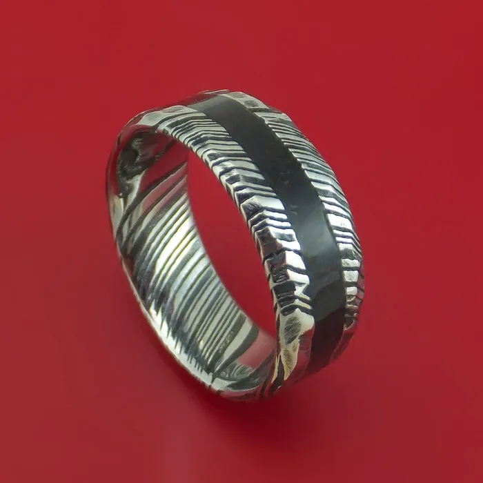 Rings Kuro Damascus Steel Ring with Dinosaur Bone Inlay Custom Made Band Lashbrook Rings Kuro Damascus Steel Ring with Dinosaur Bone Inlay Custom Made Band Lashbrook