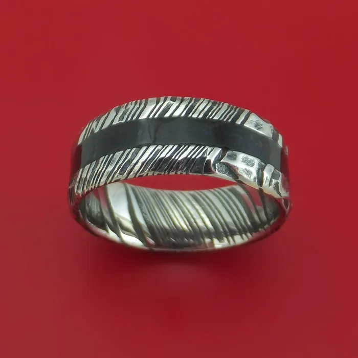 Rings Kuro Damascus Steel Ring with Dinosaur Bone Inlay Custom Made Band Lashbrook Rings Kuro Damascus Steel Ring with Dinosaur Bone Inlay Custom Made Band Lashbrook