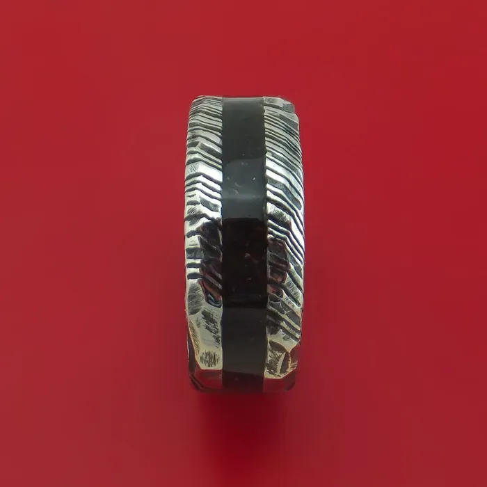 Rings Kuro Damascus Steel Ring with Dinosaur Bone Inlay Custom Made Band Lashbrook Rings Kuro Damascus Steel Ring with Dinosaur Bone Inlay Custom Made Band Lashbrook