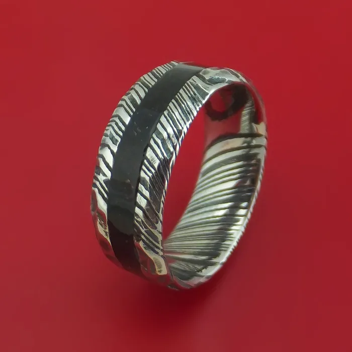 Rings Kuro Damascus Steel Ring with Dinosaur Bone Inlay Custom Made Band Lashbrook Rings Kuro Damascus Steel Ring with Dinosaur Bone Inlay Custom Made Band Lashbrook