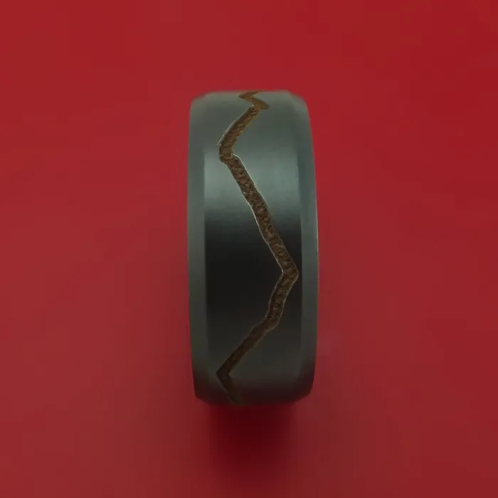 Rings Lashbrook Black Zirconium Ring with GoldToned Milled Mountain Range Design Inlay and Interior Hardwood Sleeve Custom Made Band Rings Lashbrook Black Zirconium Ring with GoldToned Milled Mountain Range Design Inlay and Interior Hardwood Sleeve Custom Made Band