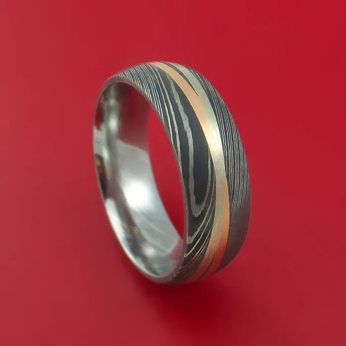 Rings Lashbrook Damascus Steel Ring with 14k Rose Gold and 14k White Gold Inlays Custom Made Band Rings Lashbrook Damascus Steel Ring with 14k Rose Gold and 14k White Gold Inlays Custom Made Band