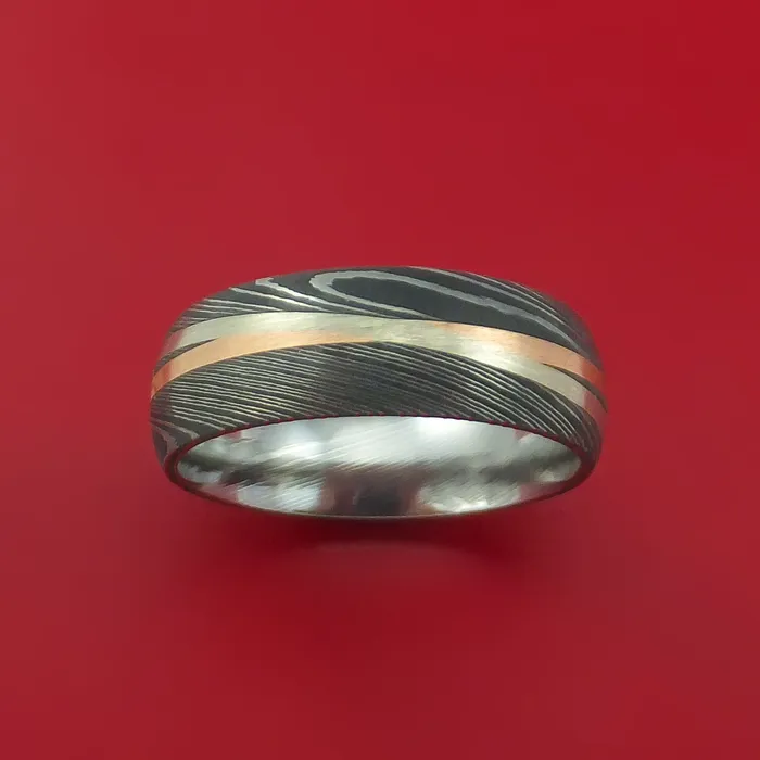 Rings Lashbrook Damascus Steel Ring with 14k Rose Gold and 14k White Gold Inlays Custom Made Band Rings Lashbrook Damascus Steel Ring with 14k Rose Gold and 14k White Gold Inlays Custom Made Band