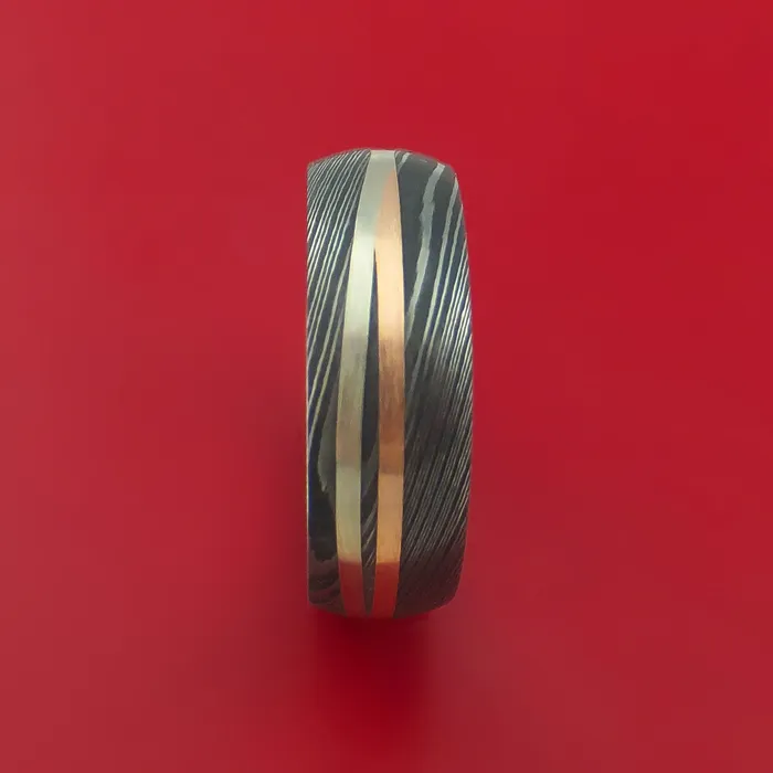 Rings Lashbrook Damascus Steel Ring with 14k Rose Gold and 14k White Gold Inlays Custom Made Band Rings Lashbrook Damascus Steel Ring with 14k Rose Gold and 14k White Gold Inlays Custom Made Band